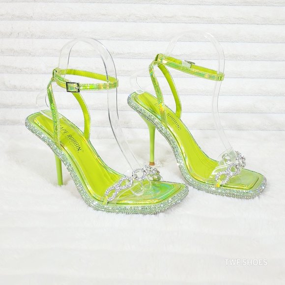 Mini .5" Rhinestone Platform Lime Green Hologram Upper Wrap Strap Heels Baily - Picture 7 of 17